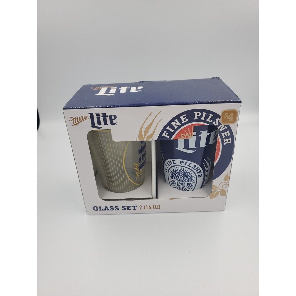 Miller Lite Beer Glass Gift Set. 2-Pack 16 Ounce Bar Pint Glasses